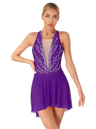 inlzdz Damen Ballettkleid Ballettanzug Ärmellos Glitzer Tanzkleid mit Asymmetrischer Rock Ballett Trikot Turnanzug Gymnastikanzug Latein Tanz-Kostüm XS-XL E Violett M von inlzdz