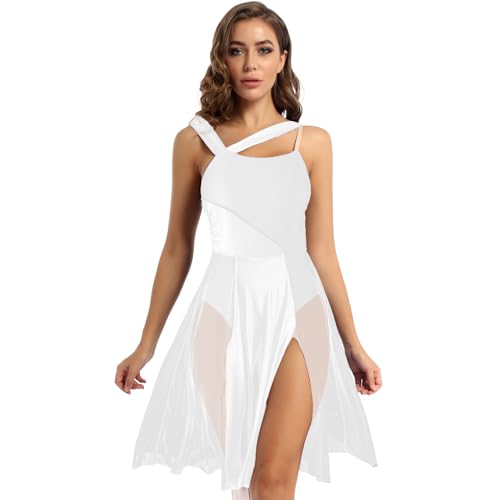 inlzdz Damen Ballettkleid Lange Tanzkleid mit Mesh Rock Ärmellos Ballett Trikot Body Turnanzug Leotard Kleid Elegant für Lyrischen Modern Tanz Dancewear Weiß L von inlzdz