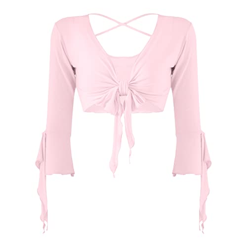 inlzdz Damen Bauchtanz Oberteil 3/4 Ärmel Bauchfreies Bluse Top Cardigan mit Quasten Langarm Bolero Shrug Top Rückenfrei Crop Top Schulterjacke Festlich Bauchtanz Kostüm Rosa One Size von inlzdz