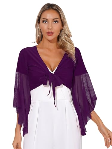 inlzdz Damen Bauchtanz Oberteil kurzes Oberteil Cardigan Langarm Bluse Top Bauchtanz Tanztop 3/4 Trompetenärmel Tanzshirt Elegant Schulterjacke Festlich Violett One Size von inlzdz