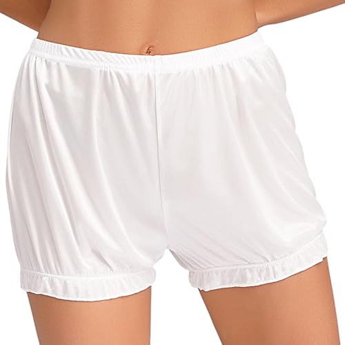 inlzdz Damen Bloomers Shorts Rüschen Höschen Satin Kurze Pumphose Leggings Sicherheitshorts Unterhose Lolita Kürbis Untershorts Boxershorts Unterwäsche Weiß L von inlzdz