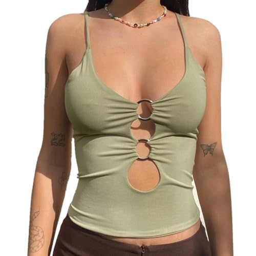 inlzdz Damen Camisole Y2K Spaghettiträger Crop Top mit O-Ring Low Cut Bikinioberteil Bralette Rückenfrei Ärmellose Weste Schnür Leibchen Sommertop Kurzes T-Shirt Grün B M von inlzdz