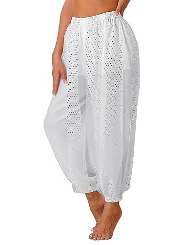 inlzdz Damen Chiffon Bauchtanz Hosen Pumphose Durchsichtig Haremshose Arabisch Hose Yoga Sport Pilates Bauchtanz Kostüm Weiß One Size von inlzdz