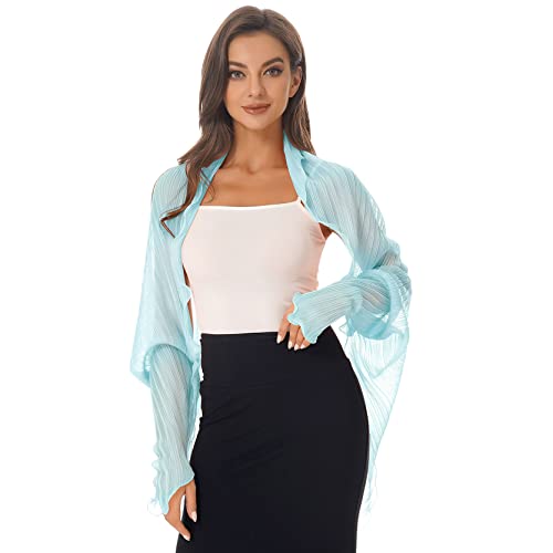 inlzdz Damen Chiffon Cardigan Wrap Schal Basic Bolero Festlich Shrug Top Bikini Cover Up Sonnenschutz Top Strickjacke Umschlagtuch Für Hochzeit Cocktailkleid Hellblau One Size von inlzdz