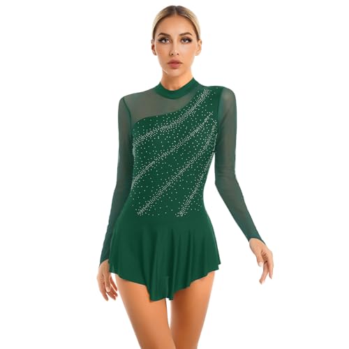 inlzdz Damen Eiskunstlauf Kleid Glitzer Tanzkleid Schlittschuhe Kürkleider Langarm Trikot Tanzanzug Ballettkleid Elegant Bühne Wettbewerb Kostüm Grün S von inlzdz