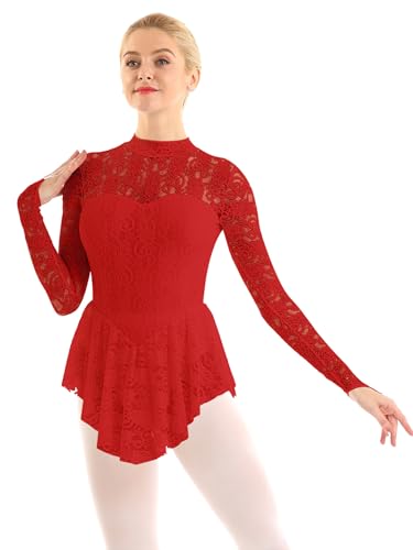 inlzdz Damen Eiskunstlauf Kleid Langarm Spitze Rollschuhkleid Tanzkleid Ballett Trikot Ballettkleid Frauen Ballettanzug Sportbody Wettbewerb Tanz Kostüm Rot Small von inlzdz