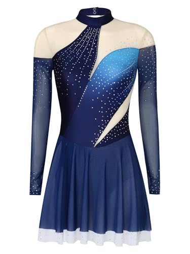 inlzdz Damen Eiskunstlauf Kleid Langarm Tanzanzug Trikot Kleid Lyrisches Tanzkleid mit Glitzern Stehkragen Elegant Tanzkleidung Navy blau L von inlzdz