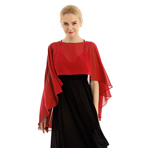 inlzdz Damen Chiffon Braut Hochzeit Capes Elegant Bolero Jacke Leichter Poncho Cardigan Tops Stola Schal zu jedem Brautkleid Abendkleid Rot One Size von inlzdz