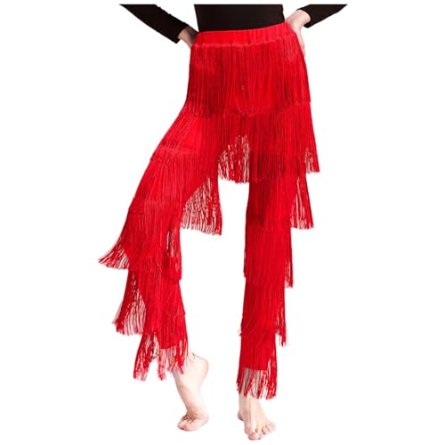 inlzdz Damen Tanzhose Standard Latein Tango Rumba Samba Fransenhose mit Quasten Sporthose Trainingshose Ballsaal Wettbewerbe Performance Kostüm Rot XXL von inlzdz