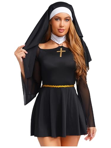 inlzdz Damen Freche Nonne Cosplay Kleid Offshoulder Mesh Langarm Halloween Kostüm Für Themenpartys Schwarz L von inlzdz