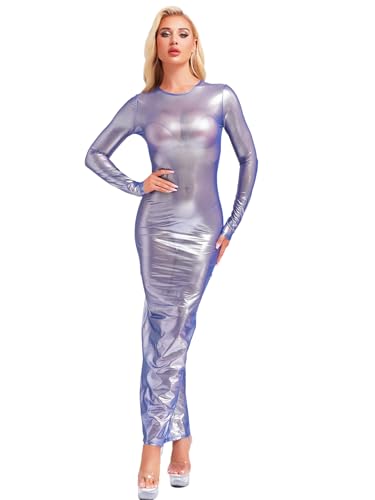 inlzdz Damen Glänzend Bodycon Kleid Langarm Bleistiftkleid Strandkleid Durchsichtig Maxi Lang Spmmer Party Club Outfit Blau XXL von inlzdz