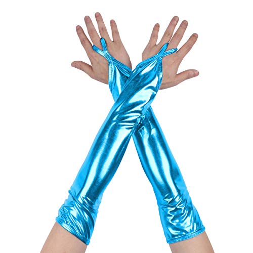 inlzdz Damen Glänzend Handschuhe Metallic Fingerlose Lange Handschuhe Wetlook Lederhandschuhe Tanz Party Clubwear Kostüm (16 Farben) Hellblau B One Size von inlzdz
