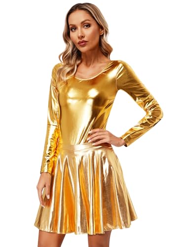 inlzdz Damen Glänzend Metallisch Kleid Langarm Faltenkleid Partykleid Hoher Taille Minikleid Wetlook Swing Kleid Disco Holografisches Glitzer Kleid Tanz Kostüm Gold M von inlzdz