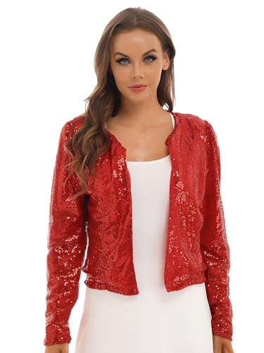 inlzdz Damen Glitzer Blazer Bolero Kurz Jacke Pailletten Jäckchen Oberteil Vorne Offen Langarm Festlich Top für Disco Party Karneval Fasching Clubwear Rot B XL von inlzdz