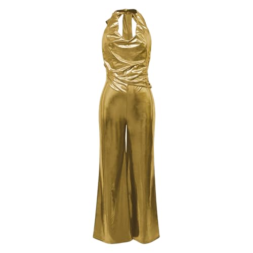 inlzdz Damen Glitzer Overall Jumpsuit Lang Neckholder Romper Hosenanzug mit Weites Bein Mottoparty Festival Rave Outfit Gold XXL von inlzdz