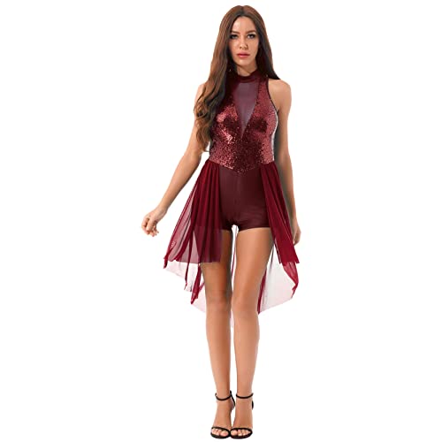 inlzdz Damen Glitzer Pailletten Tanzkleid ärmellos Ballettkleid Rückenfrei Ballettanzug mit Mesh Asymmetrisch Rock Turnanzug Leotard Latein Kleider Type C Burgundy L von inlzdz