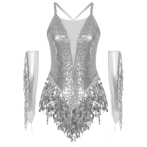 inlzdz Damen Glitzer Pailletten Tanzkostüm Latein Tanz Trikotkleid Tanzanzug Body Handschuhe mit Quasten Fransen Swing Performance Bühne Kostüm Silber M von inlzdz