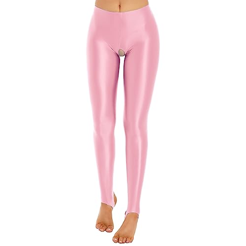 inlzdz Damen Glänzende Leggings Offen Schritt Skinny Pants Ouvert-Panties Strumpfhosen mit Steigbügel Unterhose Jeggings Erotik Dessous Reizwäsche Rosa L von inlzdz