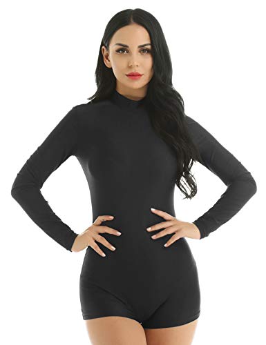 inlzdz Damen Gymnastikanzug Langarm Body Sportbody Stehkragen Top mit Bein Turnanzug Ballett Trikot Ballettanzug Training Tanzbody Leotards Schwarz S von inlzdz