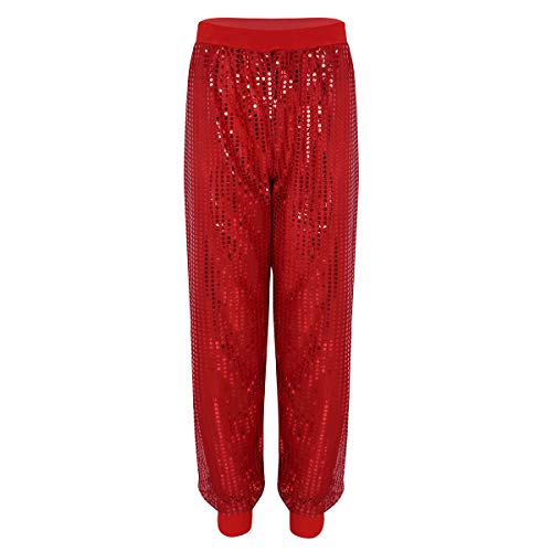 inlzdz Damen Hose Gllitzer Pailletten Tanzhose Hip-Hop Jazzpants Glänzend Haremshose Lange Hose Pants für Karneval Fasching Tanzkostüm Rot L/XL von inlzdz