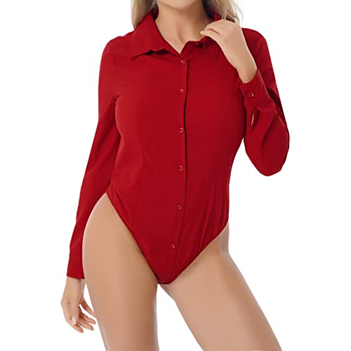 inlzdz Damen Langarm Hemd Body Einteiler Bodybluse mit Kragen Elegant Hemdbluse Business Casual Tops T-Shirts Stringbody Unterwäsche Burgundy M von inlzdz