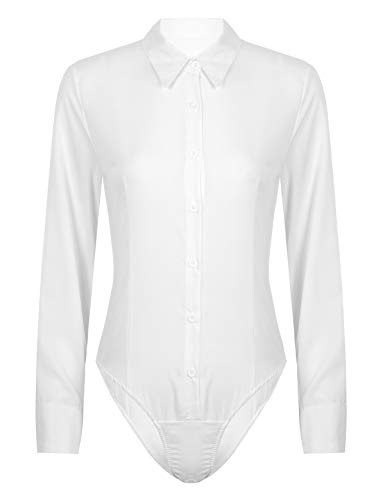 inlzdz Damen Langarm Hemd Body Einteiler Bodybluse mit Kragen Elegant Hemdbluse Business Casual Tops T-Shirts Stringbody Unterwäsche Weiß L von inlzdz