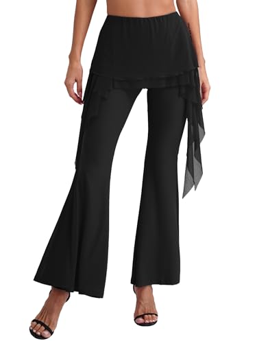 inlzdz Damen Latin Glockenhose Hosenrock Netzrock Ausgestellte Hose Bauchtanz Hose Schlaghose Latin Rumba Samba Übungshose Tanzkostüm Schwarz 3XL von inlzdz