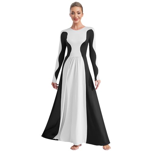 inlzdz Damen Liturgische Tanzkleid Lang Maxikleid Farbblack Langarm Ballettkleid Rundhals Elegant Tanzkleidung für Lob Tanz Anbetung Weiß&Schwarz XXL von inlzdz