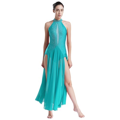 inlzdz Damen Lyrical Tanzkleid Elegant Neckholder Ballettkleid Ärmellos Trikot Glitzer Maxikleid mit Schlitz Tanzbekleidung Blau Grün S von inlzdz