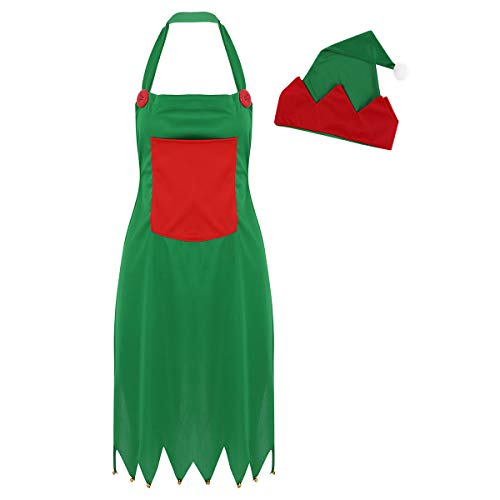 inlzdz Damen Mädchen Weihnachten Kostüm Weihnachtself Cosplay Schürze mit Elfen Mütze Weihnachten Geschenk Karneval Fasching Party Outfit Grün&Rot One Size von inlzdz