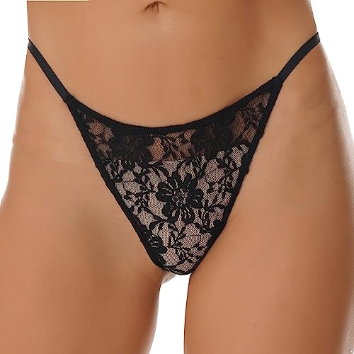 inlzdz Damen Mesh Durchsichtig G-String Tanga Niedriger Taille Panties T-Back Bikini Slip Riemen Micro Slip Transparent Höschen Sexy Unterwäsche Erotik Dessous Schwarz Lace M von inlzdz