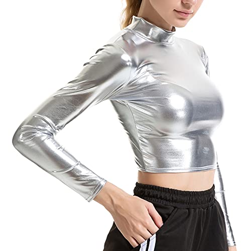 inlzdz Damen Metallic T-Shirt Langarm Kurzes Top Glänzend Langarmshirt Bauchfrei Bluse Top Stehkragen Shirts Oberteile Glitzer Pullover Party Club Kleidung Silber M von inlzdz