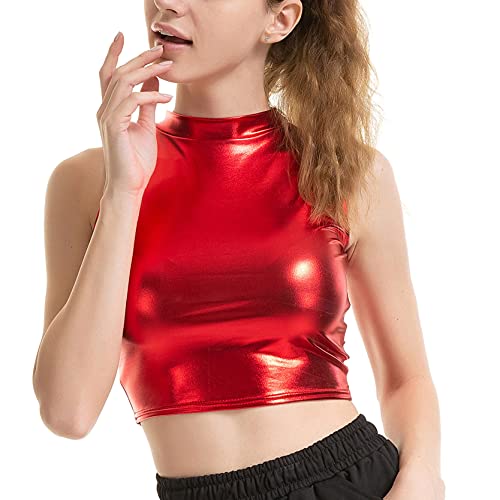 inlzdz Damen Metallisch Crop Top Ärmellos Oberteil Bauchfrei Unterhemd T-Shirt Glänzend Tank Top Weste Tops Party Bluse Clubwear Rot S von inlzdz