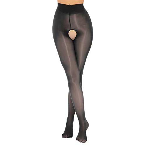 inlzdz Damen Ouvert-Pantyhose Glänzend Transparent Strumpfhose Tights Offen Schritt Leggings Stretch Jeggings Feinstrumpfhose Erotik Dessous Reizwäsche Schwarz One Size von inlzdz