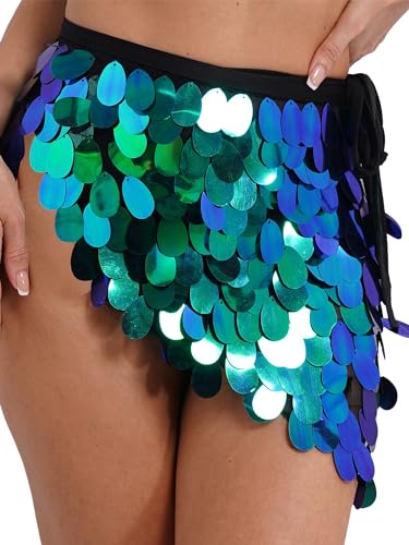inlzdz Damen Pailletten Bauchtanz Rock Meerjungfrau Hüftrock Hüfttuch Glänzende Minirock für Halloween Tango Party Rave Karneval Kostüm Grün blau M von inlzdz