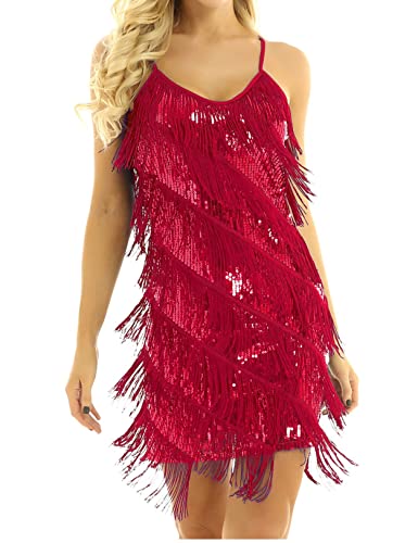 inlzdz Damen Pailletten Fransenkleid Samba Rumba Tango Latin Kleid Tanzkleider Glitzer Spaghetti-Träger Wickelkleid Partykleid Tanzkleidung Rot One_Size von inlzdz