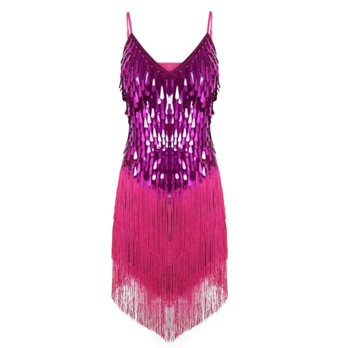 inlzdz Damen Pailletten Tanzkleid Ballkleid mit Fransen Ballsaal Samba Rumba Tango Lateinisches Kleider Träger Kleid Flapper Kleid Tanzkostüm Rose One_Size von inlzdz