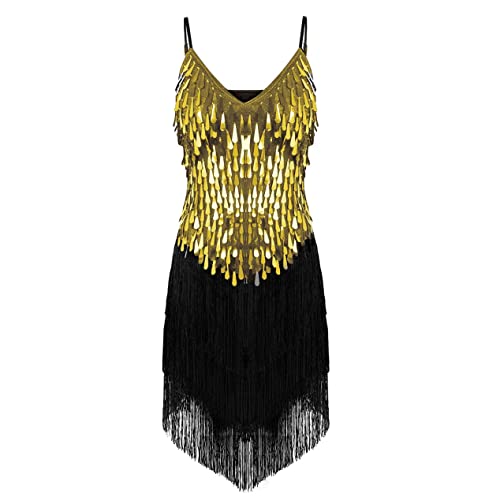 inlzdz Damen Pailletten Tanzkleid Fransen Ballkleid Ballsaal Samba Rumba Tango Lateinisches Kleider Träger Kleid Flapper Kleid Tanzkostüm Schwarz&Gold One_Size von inlzdz