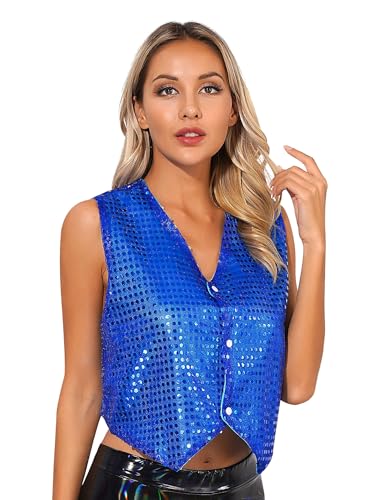 inlzdz Damen Pailletten Weste Anzugweste ärmellos Jacke V-Ausschnitt Glitzer Tank Top Slim Fit Oberteil Karneval Fasching Disco Nachtclub Blau S von inlzdz