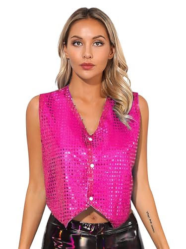 inlzdz Damen Pailletten Weste Anzugweste ärmellos Jacke V-Ausschnitt Glitzer Tank Top Slim Fit Oberteil Karneval Fasching Disco Nachtclub Hot Pink S von inlzdz