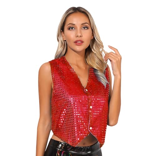 inlzdz Damen Pailletten Weste Anzugweste ärmellos Jacke V-Ausschnitt Glitzer Tank Top Slim Fit Oberteil Karneval Fasching Disco Nachtclub Rot S von inlzdz
