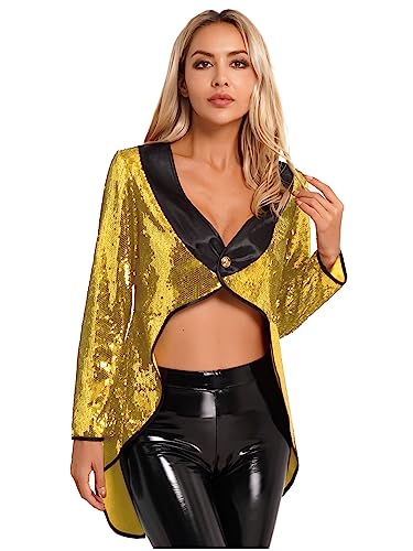 inlzdz Damen Pailletten Zauberer Frack Jacke Smoking Oberbekleidung Frauen Roter Damenfrack Halloween Verkleiden Zirkus Kostüm Gold 3XL von inlzdz