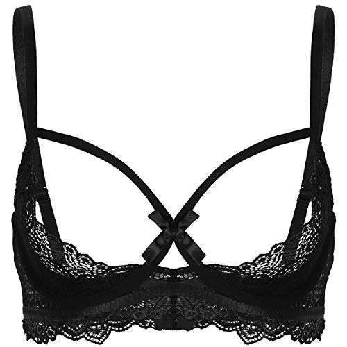 inlzdz Damen Spitze Dessous Bra Transparente Brustrfrei Büstenhebe mit Bowknot Push Up Halbe Tassen Bügel BH Top Clubwear Schwarz A L von inlzdz