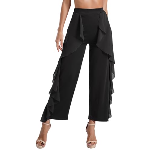inlzdz Damen Tanzhose Standard Latein Tanz Lange Hose Pants Weites Bein Hose mit Rüschen Hohe Taille Trainingshose Dancewear Schwarz M von inlzdz