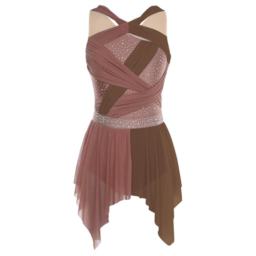inlzdz Damen Tanzkleid Ärmellos Ballettkleid Farbblock Eiskunstlauf Kleider Tanzanzug mit Unregelmäßige Saum Elegant Tanzkleidung Braun L von inlzdz