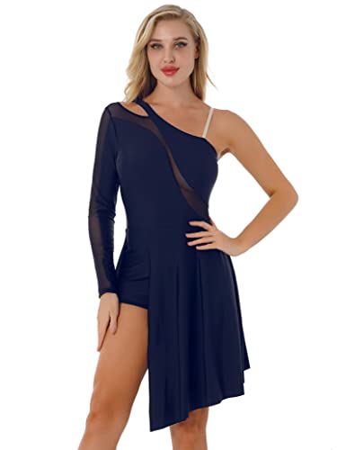 inlzdz Damen Tanzkleid Eiskunstlauf-Kleid Mesh Langarm Trikot Kleider Asymmetrischer Saum Ballettkleid Schulterfrei Turnanzug Gymnastikanzug Dunkelblau M von inlzdz