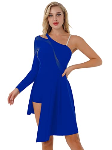 inlzdz Damen Tanzkleid Eiskunstlauf-Kleid Mesh Langarm Trikot Kleider Asymmetrischer Saum Ballettkleid Schulterfrei Turnanzug Gymnastikanzug Royal_Blau L von inlzdz