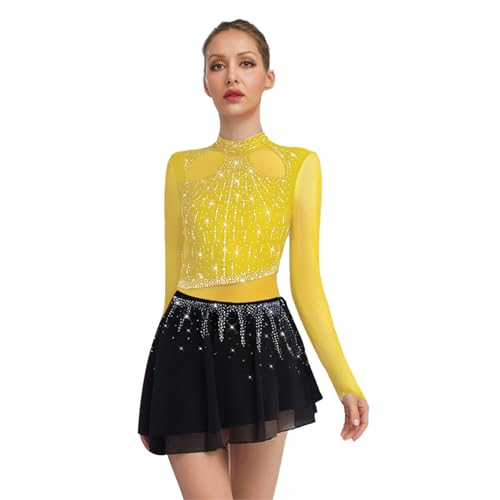 inlzdz Damen Tanzkleid Glitzer Langarm Ballettkleid Eiskunstlauf Kleid Trikot Body mit Rock Durchsichtig Bühne Wettbewerb Performance Kostüm Gelb XL von inlzdz