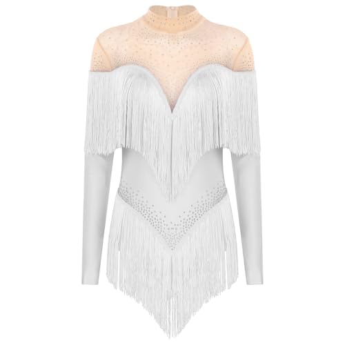 inlzdz Damen Tanzkleid Latein Standard Salsa Fransenkleid Trikotanzug Langarm Tanzanzug mit Glitzern Elegant Ballroom Bühnen Kostüm Weiß L von inlzdz