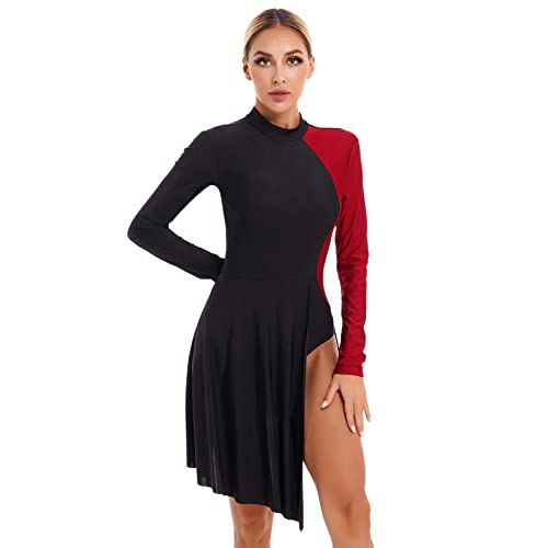 inlzdz Damen Tanzkleider Ballettkleid Seitenschlitz Eiskunstlauf-Kleid Langarm Gymnastikanzug Tanzbody Leotard mit Asymmetrischer Saum Rock Ballettkleidung Burgundy S von inlzdz